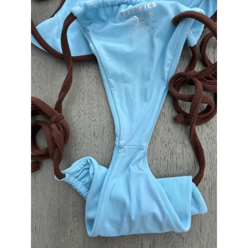 Frankies Bikinis Blue Terry Cloth Two Piece Set Brown Trim Top M Bottom L